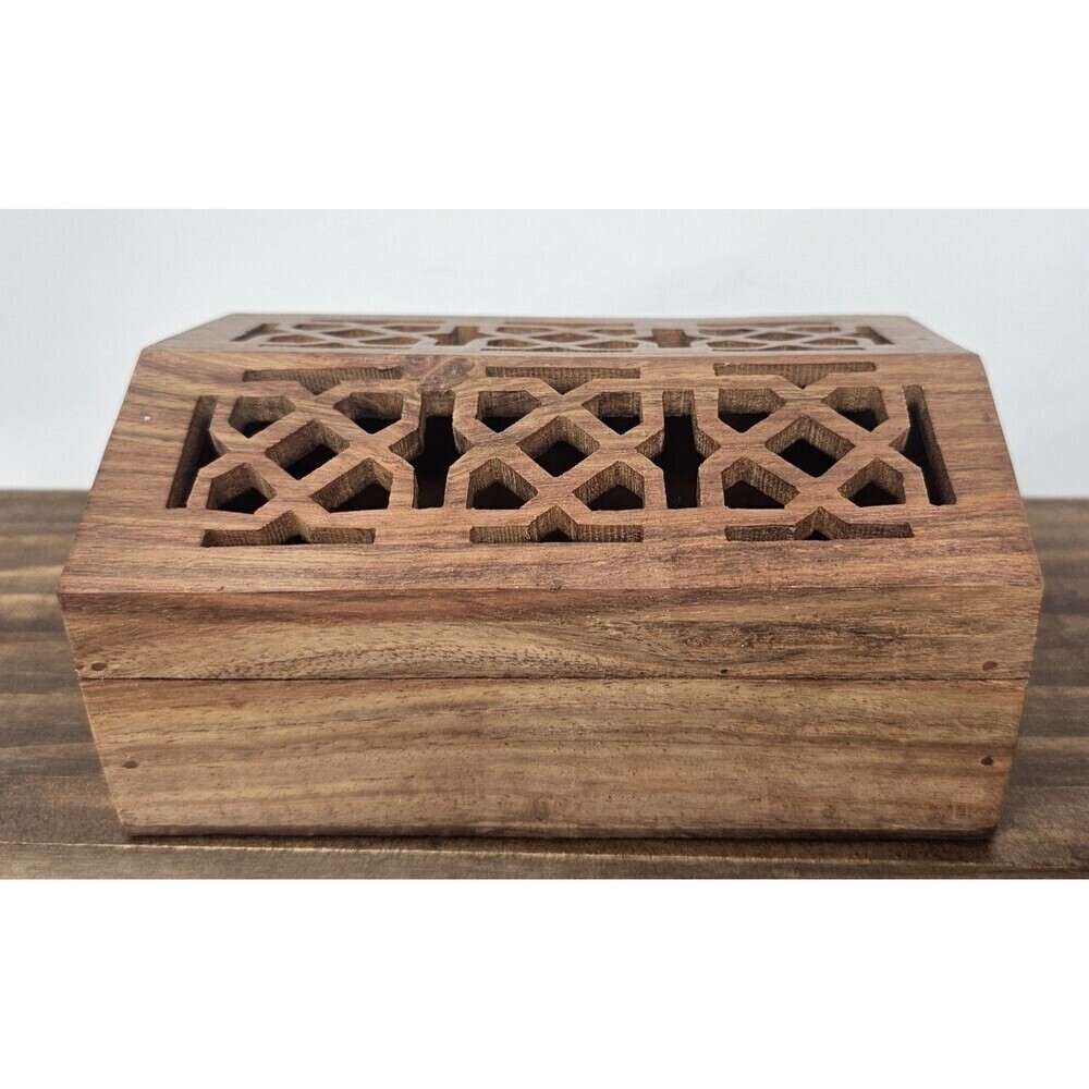 Vintage Hand Carved Trellis Wooden Keepsake Trinket Box Arched Lid Made In India